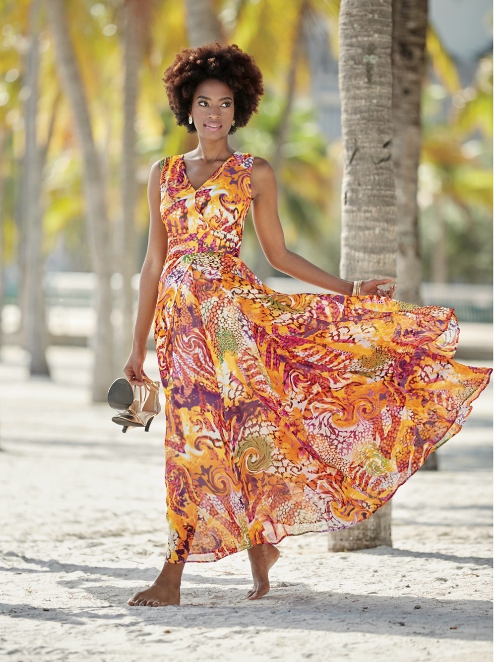 Ashro Sleeveless V-Neck Swirl Print Maxi Dress in Orange and Pink. Size 16W